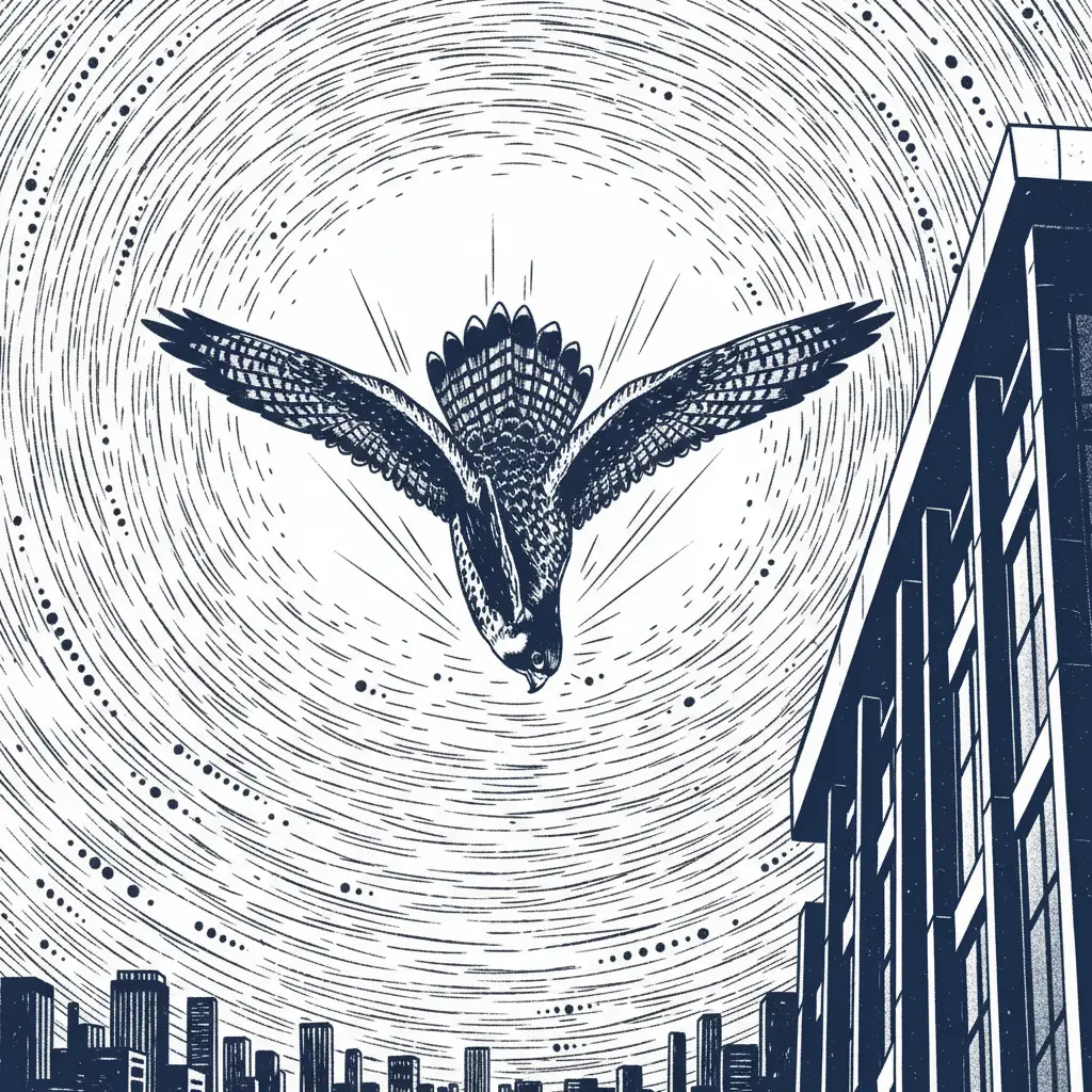 El halcón se lanza al vacío abriendo sus alas con fuerza.