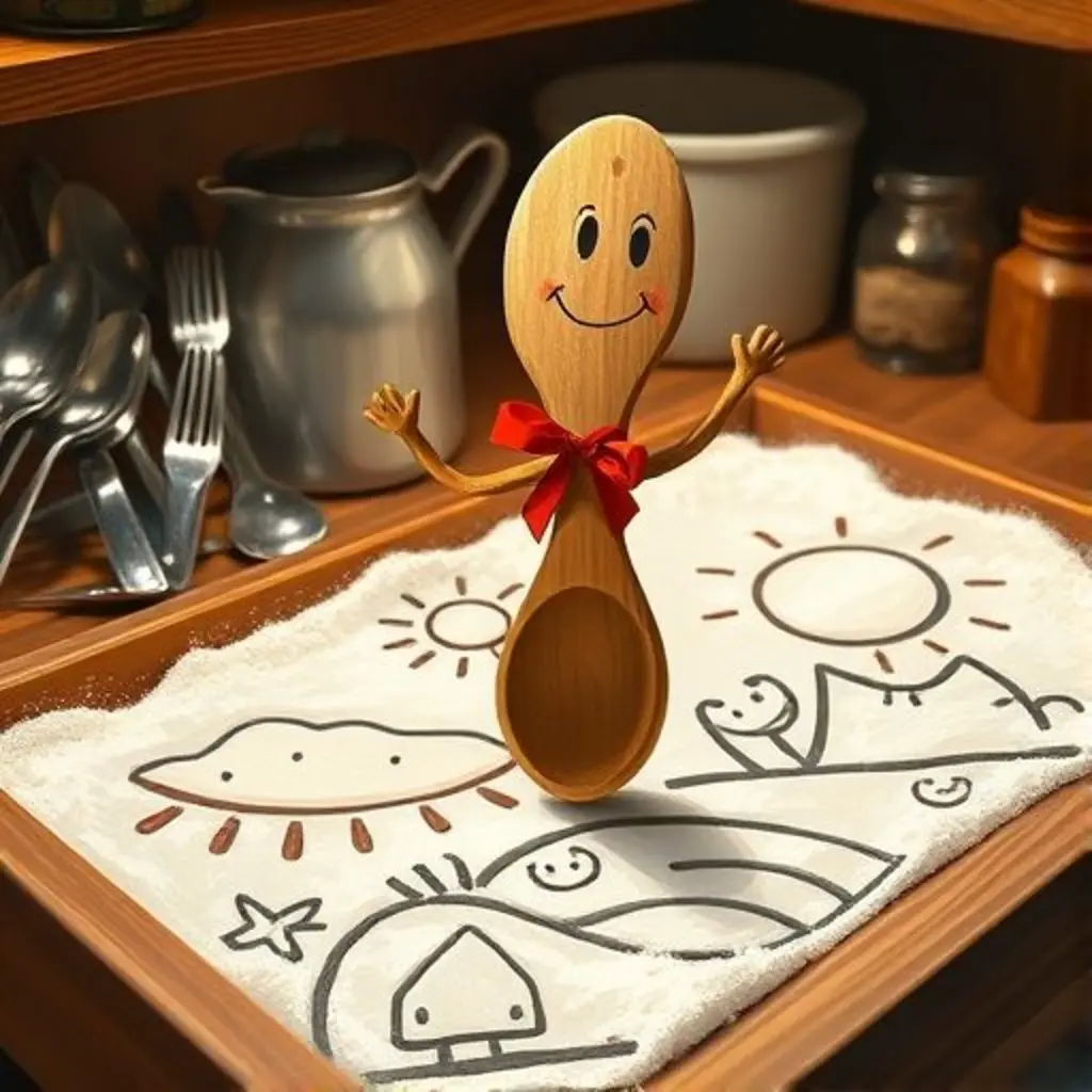 Cuchy, feliz y segura, dibuja un gran paisaje divertido en la harina, celebrada por todos los cubiertos.