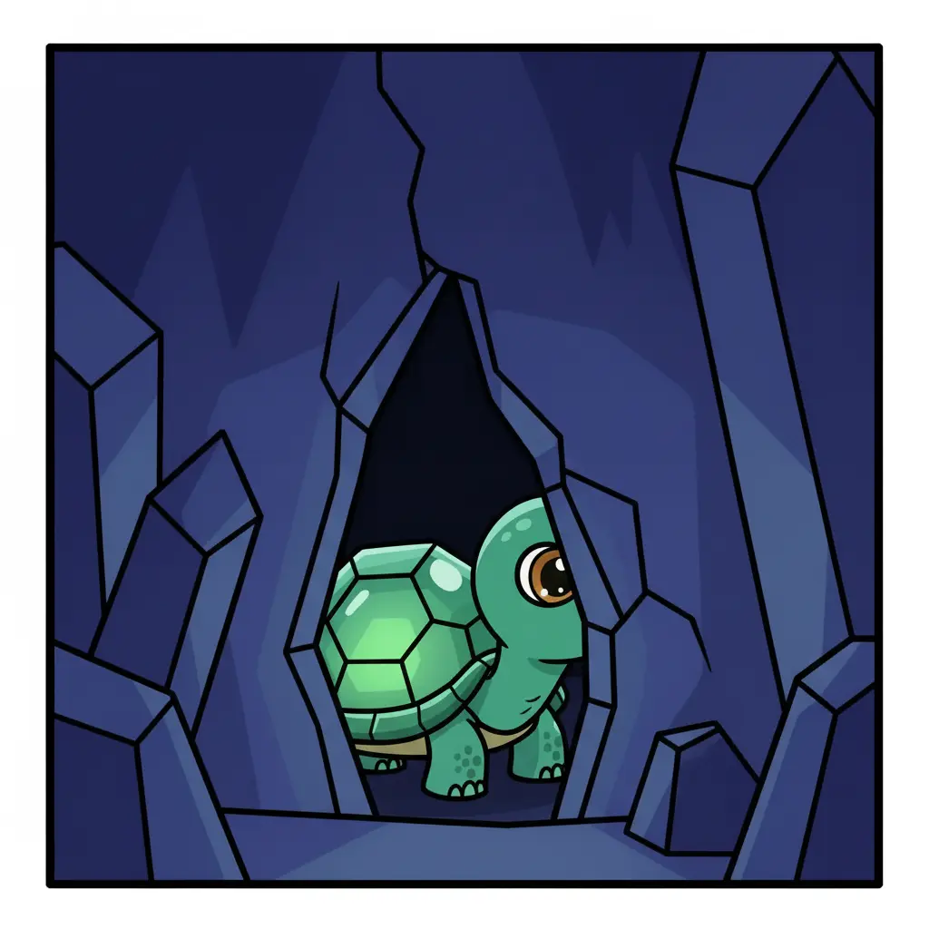 La tortuga de cristal entra en una grieta oscura de la cueva.