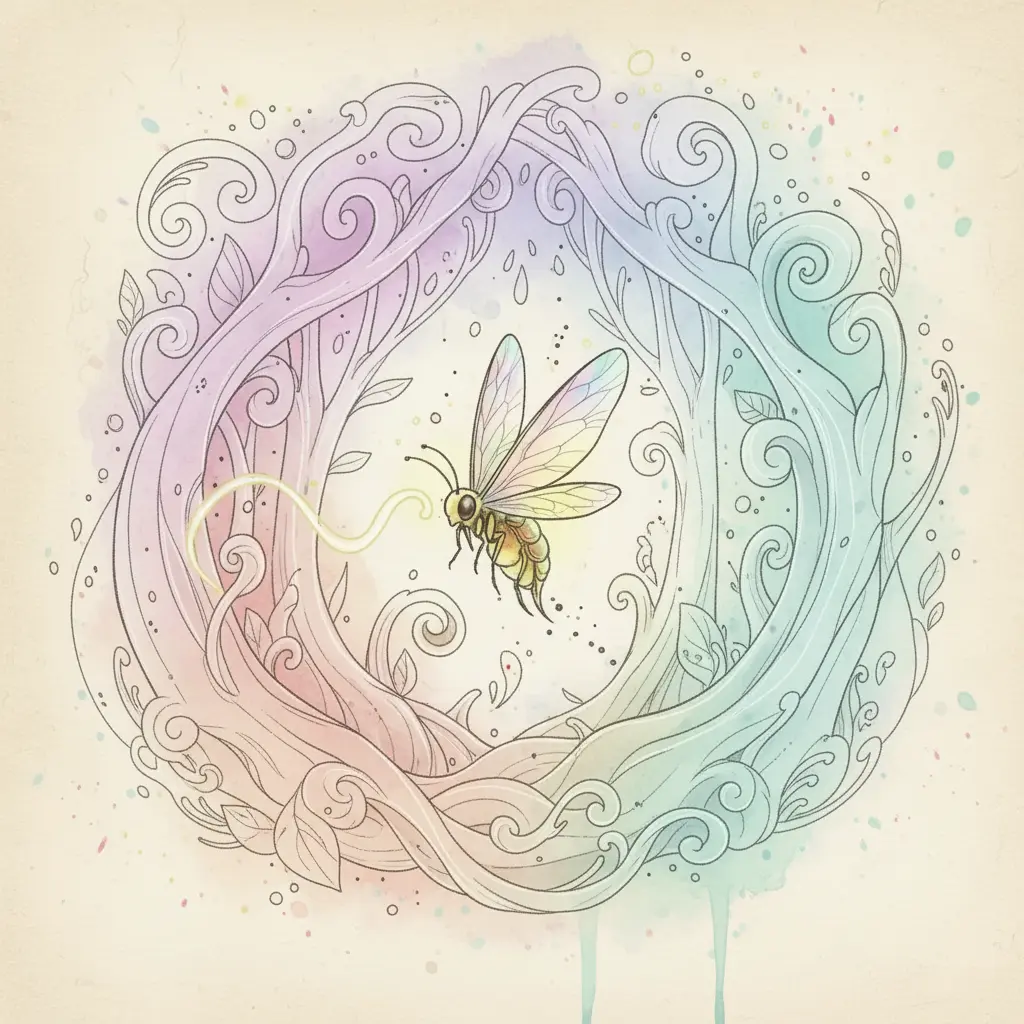 Una pequeña luciérnaga de alas iridiscentes vuela sola en un bosque encantado, donde los colores cambian suavemente.