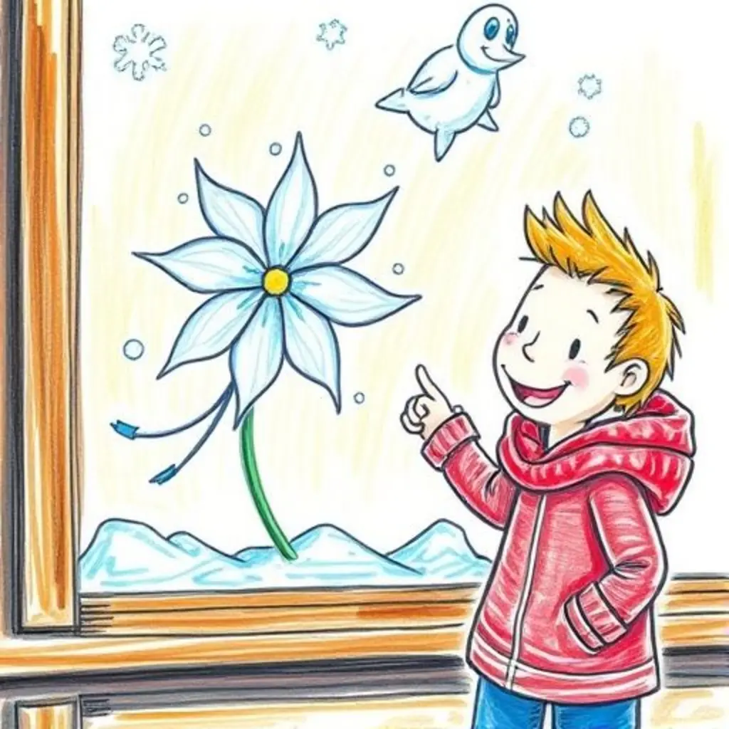 Copito, el copo de nieve, dibuja una hermosa flor de invierno.
