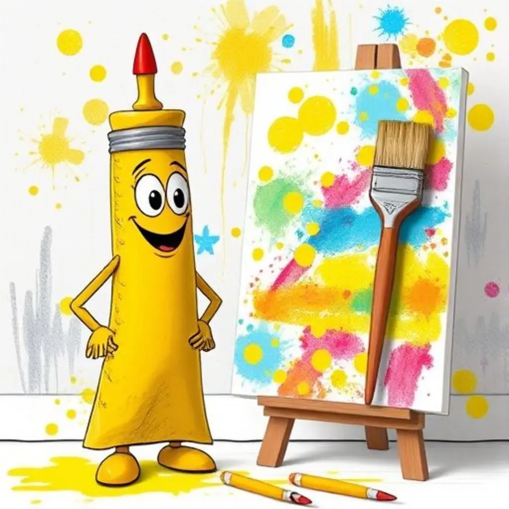 Pinta, el tubo de pintura, orgulloso junto a su obra de arte abstracta con puntos amarillos, y Brocha admira el cuadro.