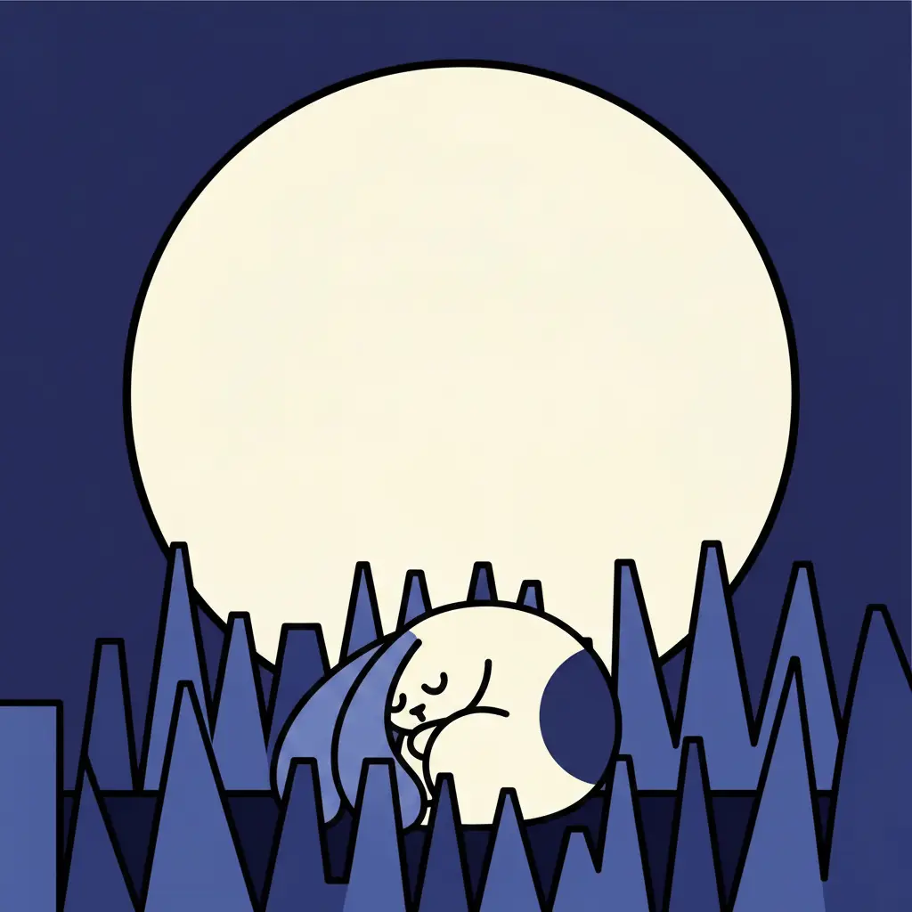 Susa durmiendo enroscada en el campo azul bajo una gran luna blanca.