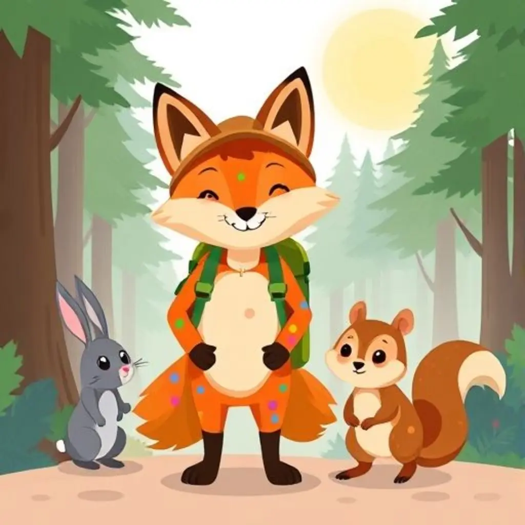 Zorrito Manchas, el conejo y la ardilla salen de la niebla, el sol brilla y Zorrito Manchas sonríe feliz.