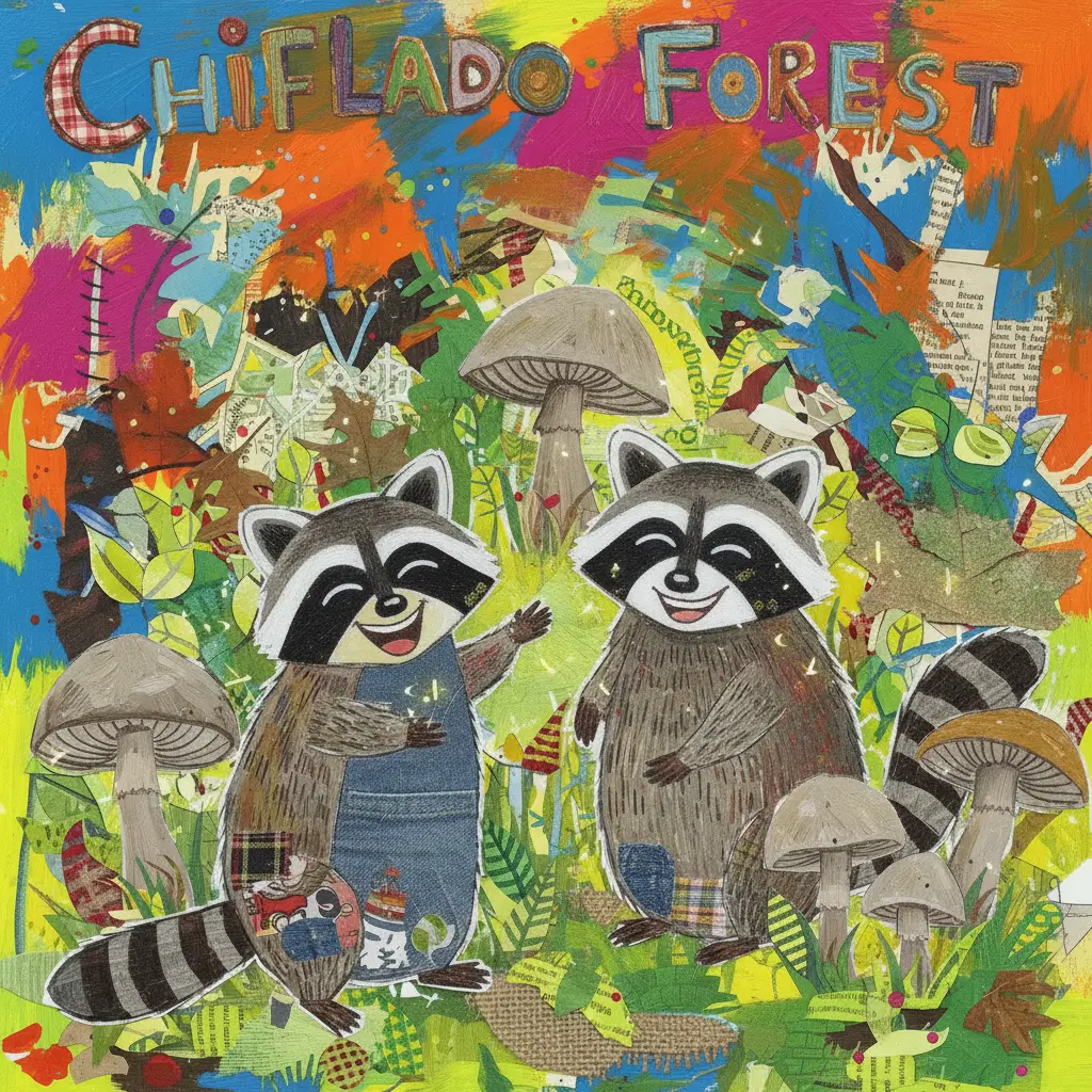 Los mapaches ríen, exhaustos pero felices, mientras las luciérnagas se dispersan en un claro del bosque.