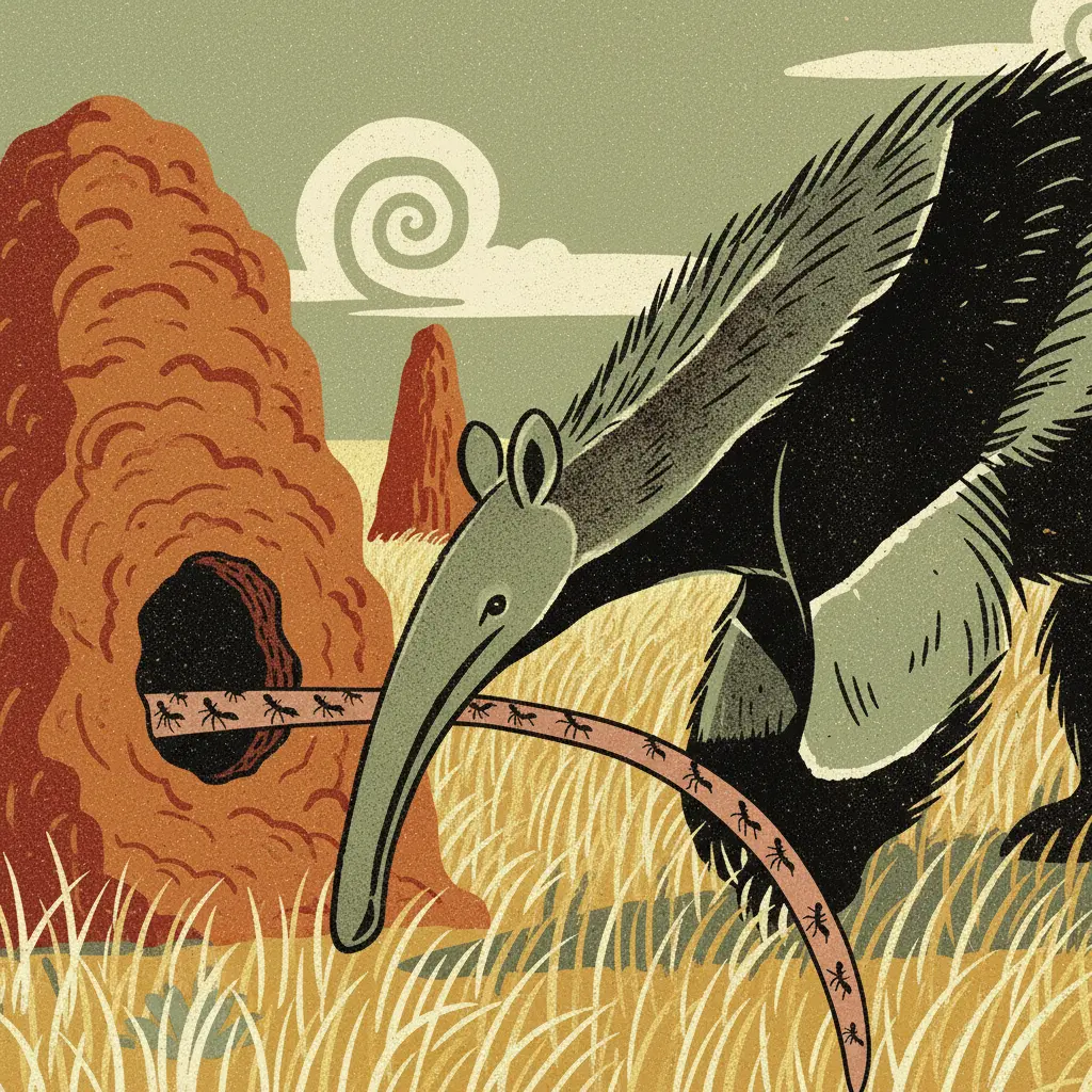 La lengua larga y pegajosa del oso hormiguero entrando en el nido.