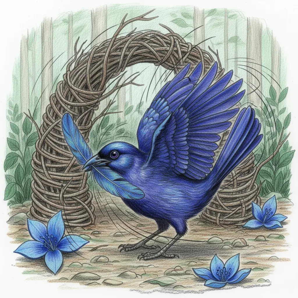 El pájaro azul bailando con una pluma en el pico frente a su construcción.