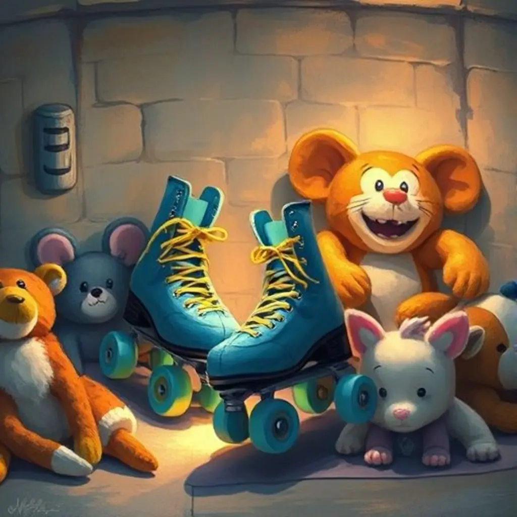Patines Ruedas y Frenos felices, rodeados de juguetes reunidos en el centro del sótano iluminado.