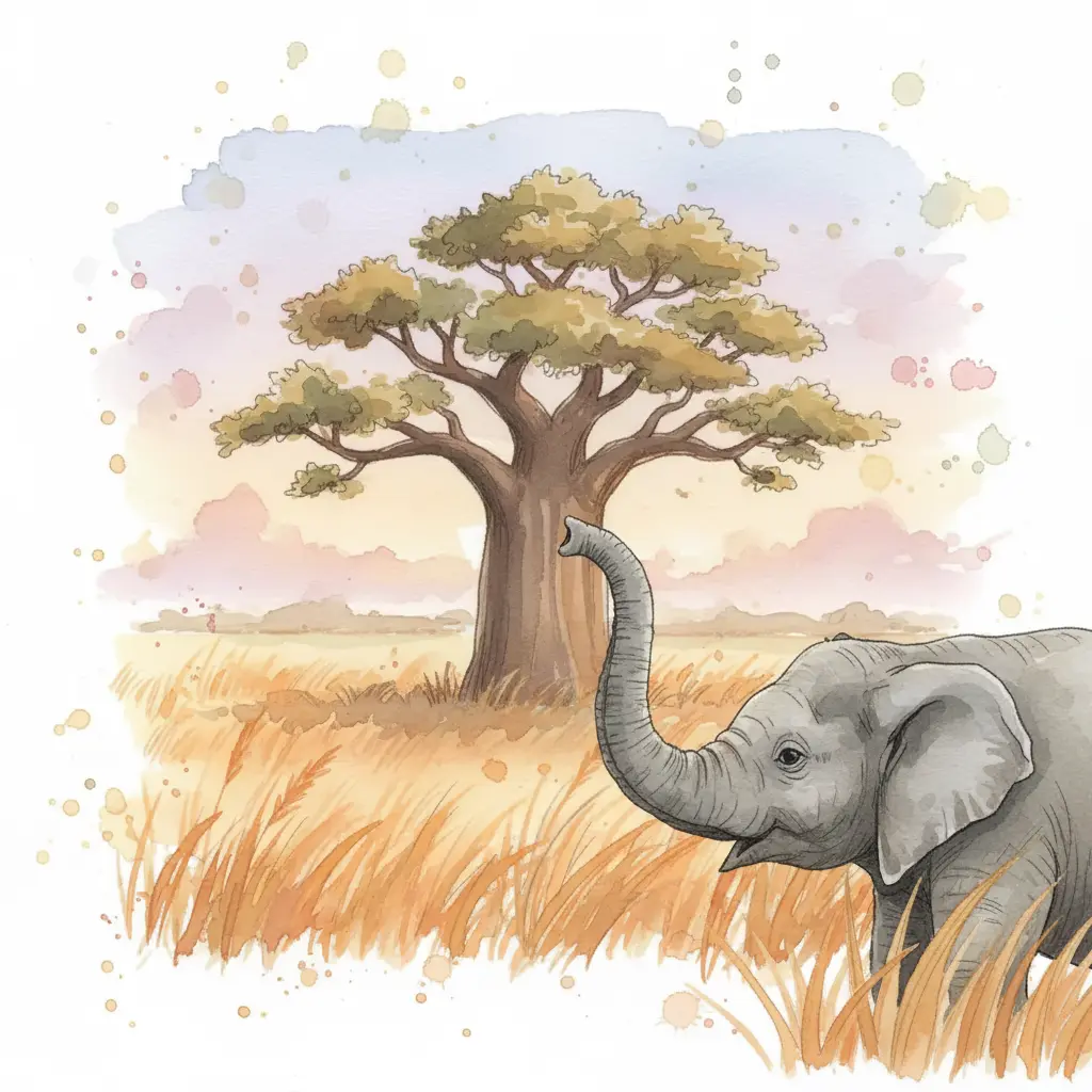 Una trompa de elefante gris asomando entre la hierba alta de la sabana, con el resto del cuerpo en sombra.