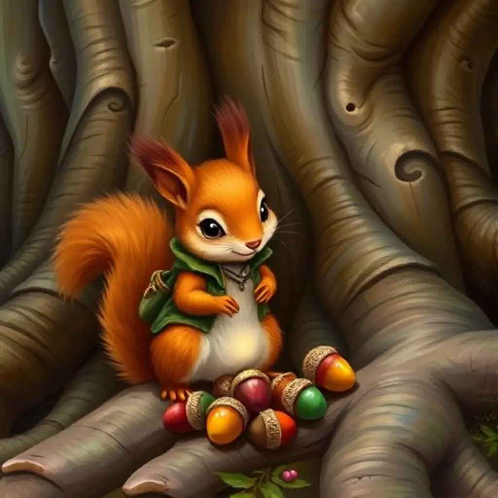 Nuez, la ardilla, organizando bellotas de colores alrededor de las raíces de un roble.