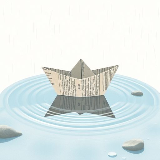 Botecito, una barquita de papel, flotando en un charco y creando ondas.