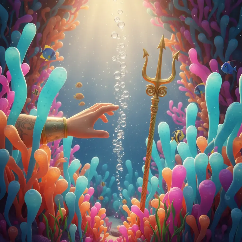 El tridente de Poseidón está escondido entre las algas, que se mueven suavemente.