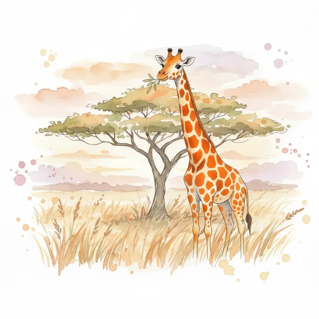 Una jirafa completa y muy colorida sonríe mientras come hojas verdes de la copa de una acacia.