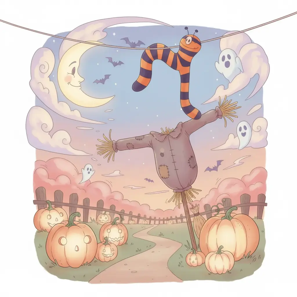 Patoso, un calcetín de rayas, se resbala de una cuerda de tender en una huerta de Halloween.