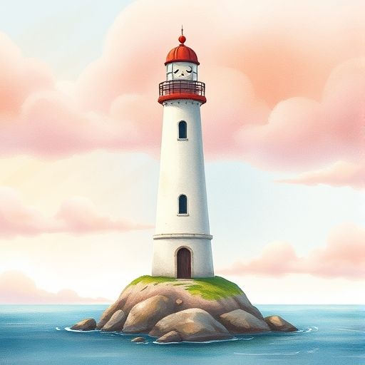 Un faro sonriente y dormilón llamado Señor Ronquido en su isla.