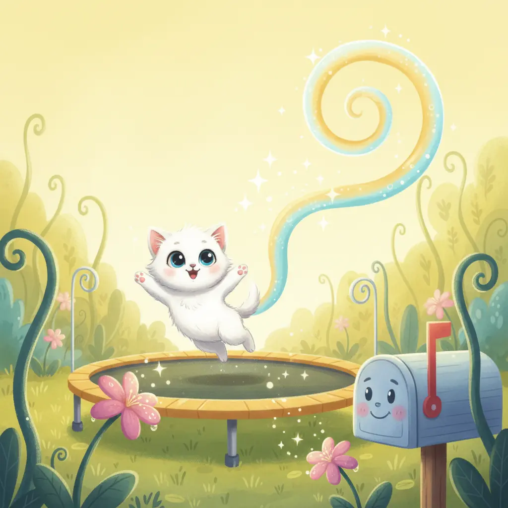 Un gatito salta en la cama elástica mientras Lunio deja estrellas de luz en el jardín.