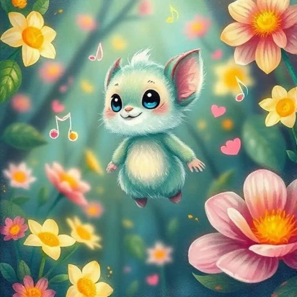 Zumbel, un murmullo mágico, zumbando feliz en un bosque de colores cósmicos.