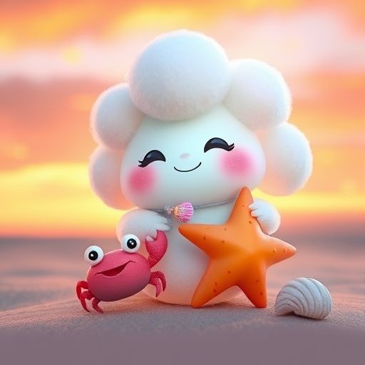 Muri abraza a sus amigos, el cangrejo y la estrella de mar, con su concha encontrada.