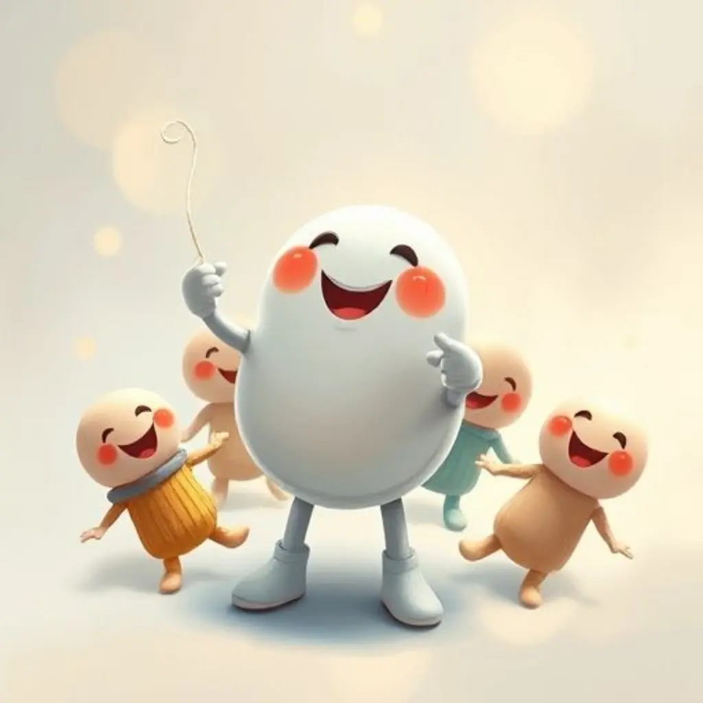 Costurín, el botón, ayuda a Botoncito y otros amigos calcetines y botones a sentirse completos con su hilo mágico invisible, todos sonríen felices.