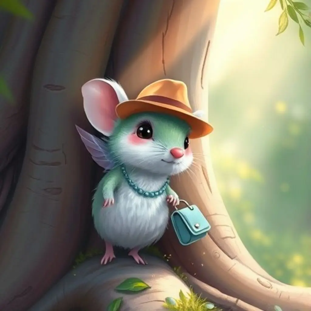 Nara, una colibrí-ratón, se asoma desde un árbol gigante en un bosque mágico.