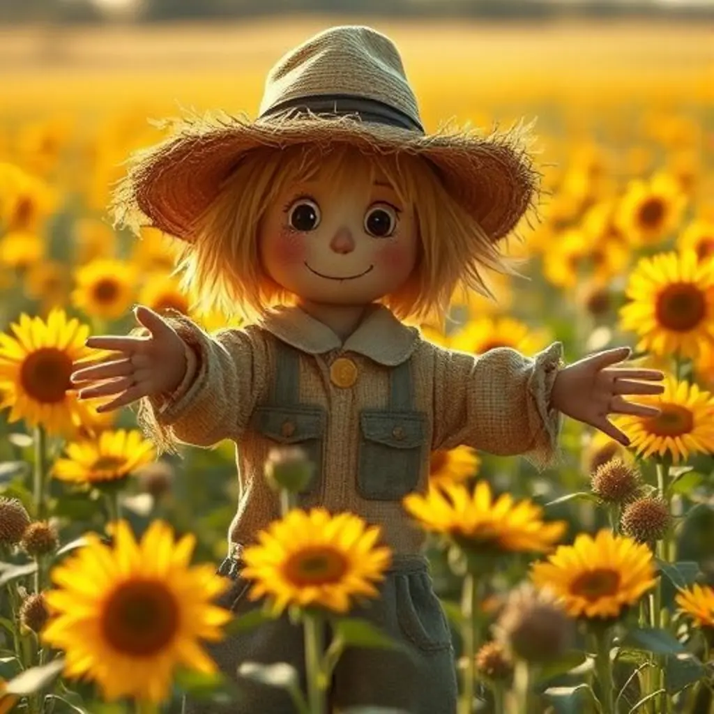 Paja, el espantapájaros, mueve sus brazos suavemente entre los girasoles jóvenes.