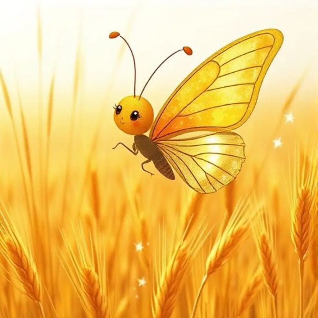 Mariposa Ala-Dorado vuela sobre un campo de trigo dorado, sus alas brillan.