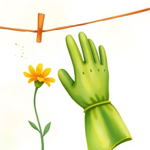 Mano Verde, un guante verde, toca suavemente una flor amarilla.