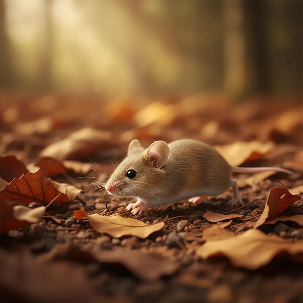 El ratoncito Escondidizo corre sigilosamente entre hojas secas.