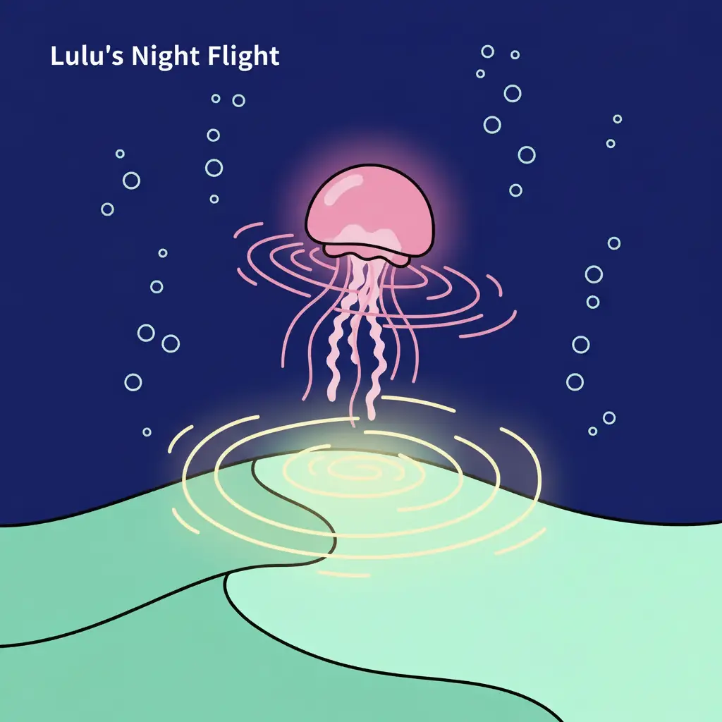 La medusa rosa gira alegremente sobre la arena verde que emite una luz suave.