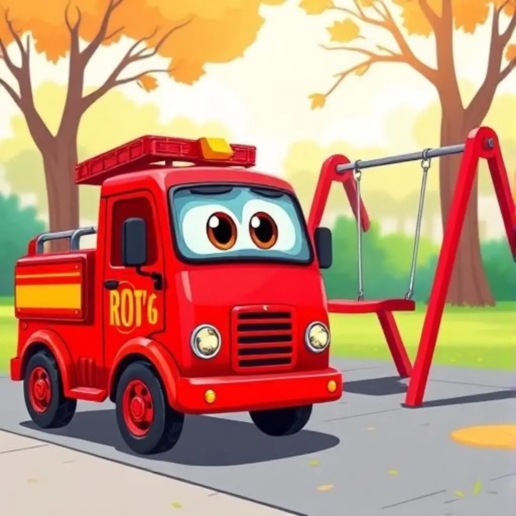 Rojo Fuego, el camión de bomberos, esperando en el parque.