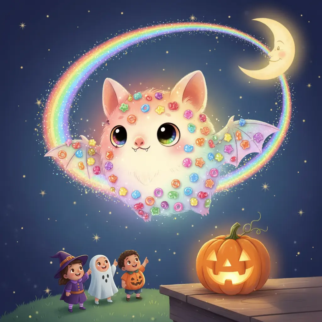Melo, ahora un murciélago arcoíris, vuela por el cielo de Halloween, creando un espectáculo de luces dulces para los niños.