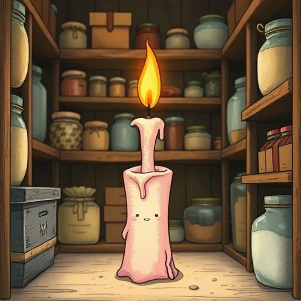 Dulzaroma, una pequeña vela rosa, triste y sola en una despensa oscura.