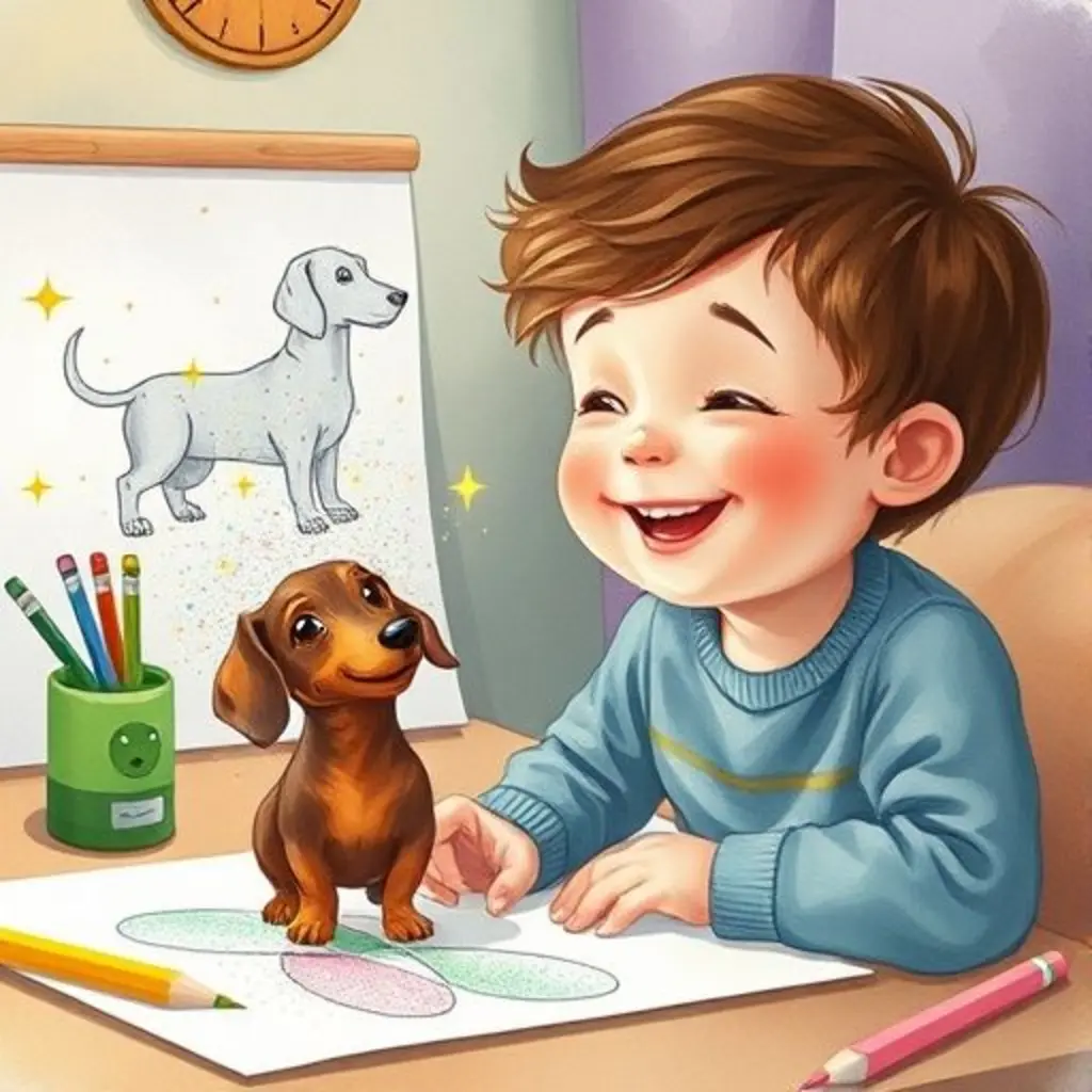 Leo sonríe al ver su dibujo del perro salchicha que ahora brilla.