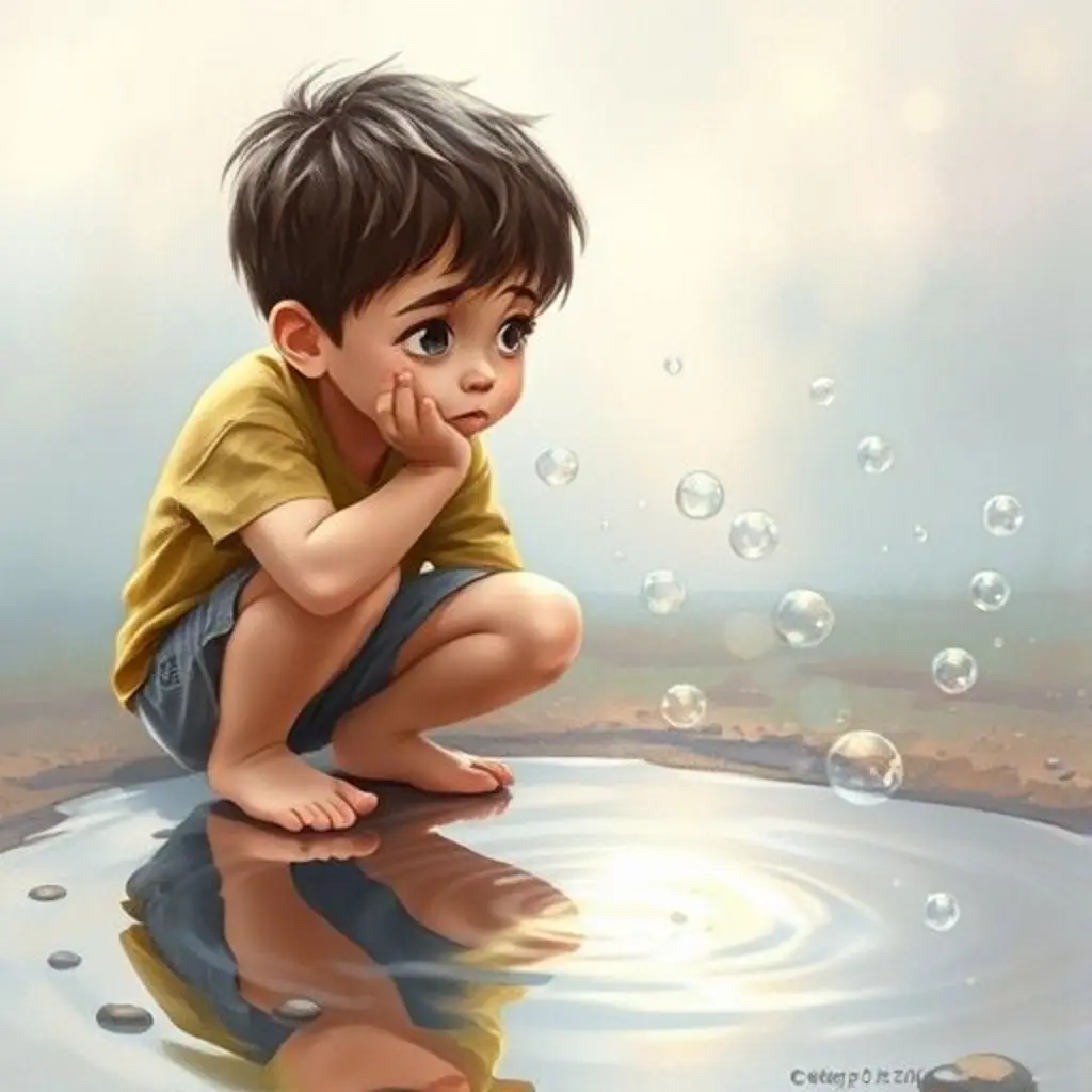 Leo sopla burbujas en el charco, viendo cómo las nubes de deseos desaparecen.
