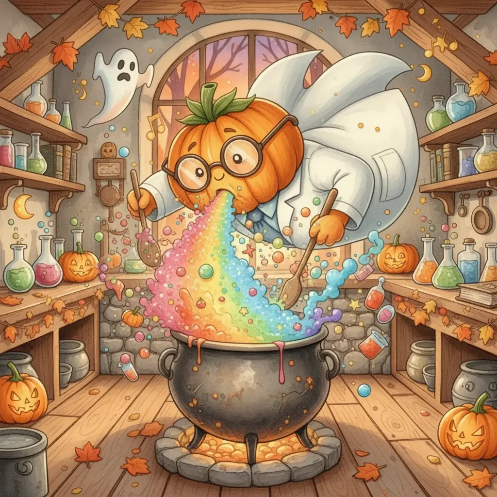 El Profesor Calabacín estornuda y sus ingredientes vuelan por su acogedor laboratorio.