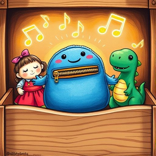 Bolsillo canta una canción de cuna para los juguetes Lili, Tomás y Dino, que lo escuchan felices.