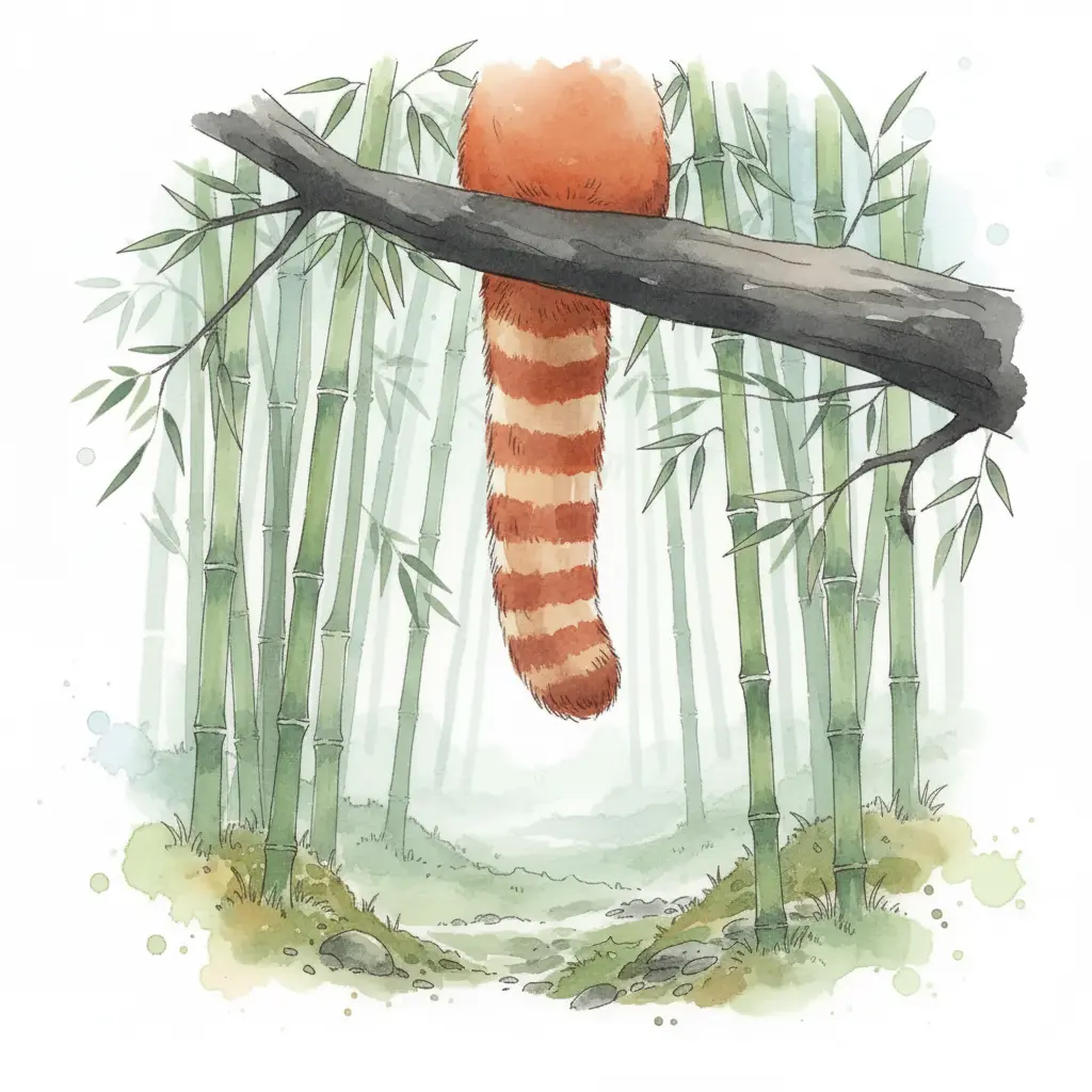 Una cola larga y peluda con anillos oscuros cuelga de una rama de bambú.