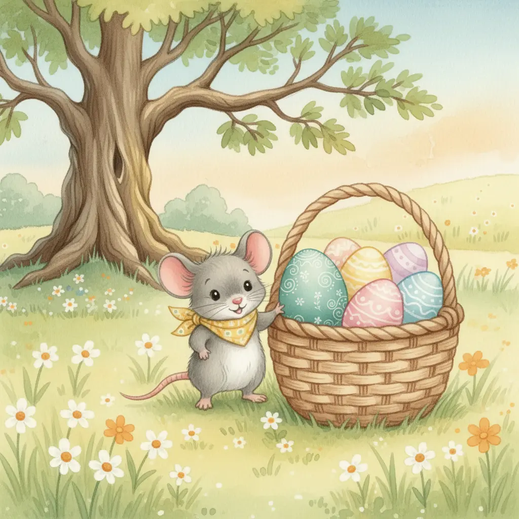 Milo deja el huevo turquesa en el cesto de Pascua bajo el roble.