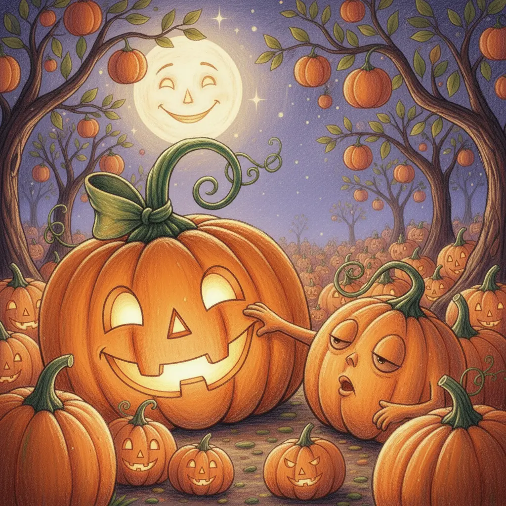 Calambín, una calabaza sonriente con un tallo como moño, canta y hace cosquillas a una calabaza dormilona bajo la luna.