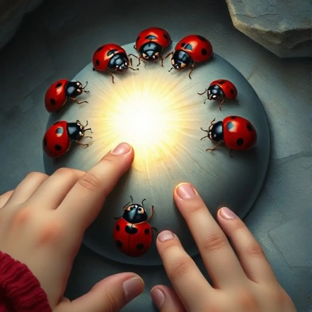 Varias mariquitas susurran a Guijarro Mágico mientras un niño se acerca con curiosidad.