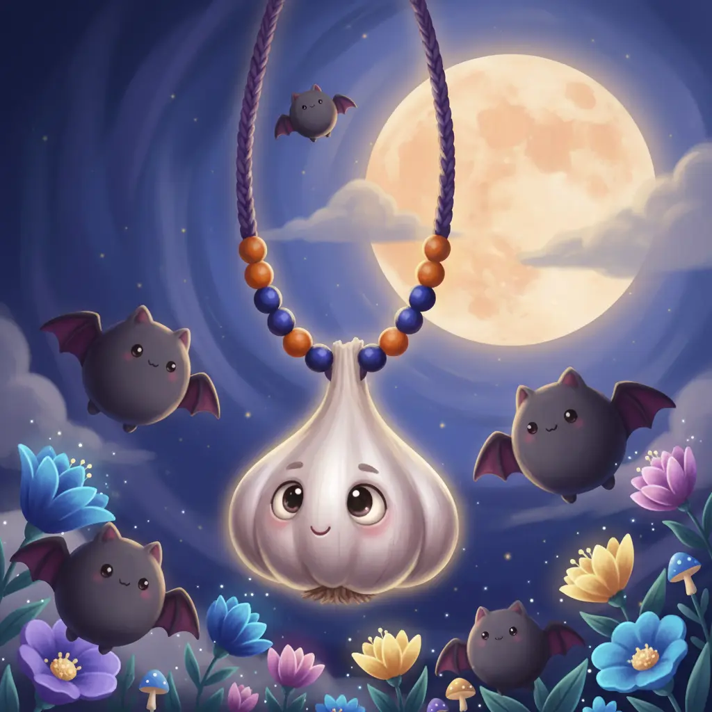 Ajo-Amuleto, feliz, es el Collar Cantador de Murciélagos, rodeado de amigos.