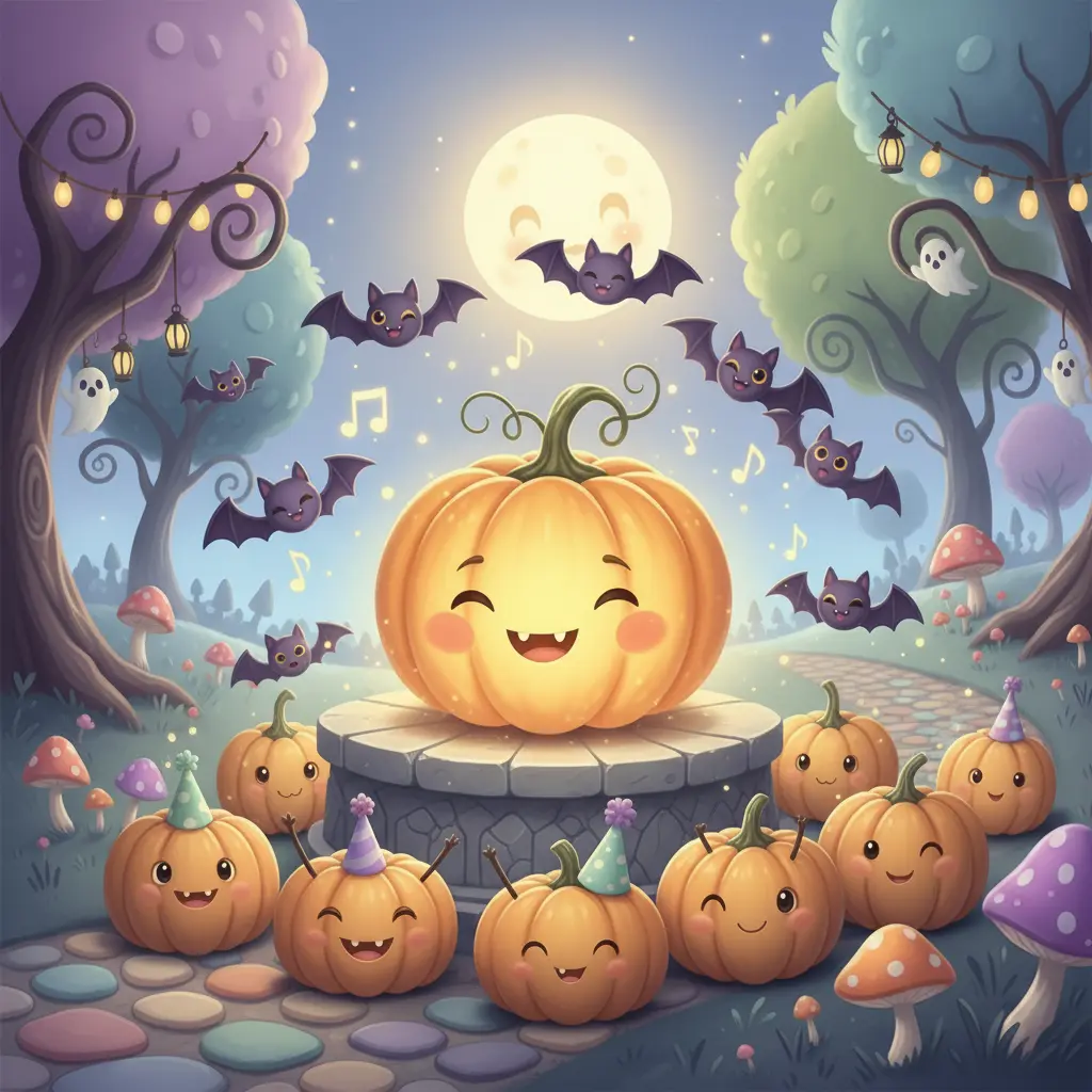 Calabaza Trotadora celebrando su victoria en una fiesta de Halloween, rodeada de murciélagos bailarines.