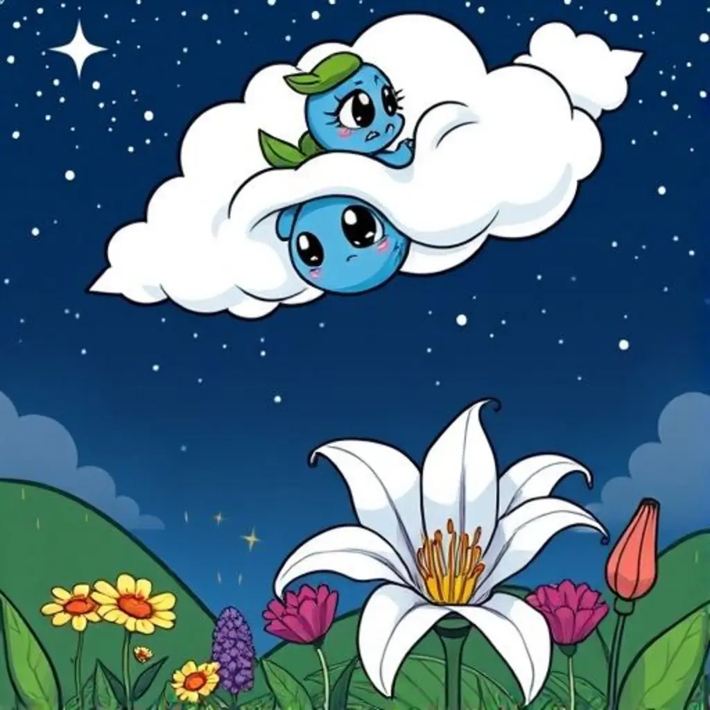 Rocio, una gotita de lluvia, mira un jardín triste bajo la luna.