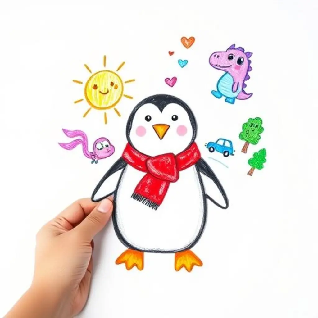 Pinguín el imán, con una sonrisa, comparte mágicamente ideas coloridas a un papel en blanco.