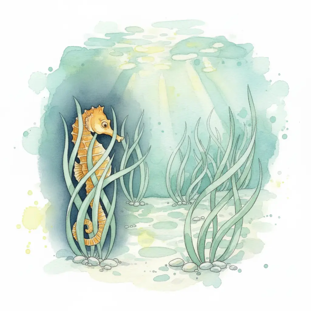 Una pequeña cola dorada y enroscada se sujeta a una hoja de hierba marina verde bajo el agua.