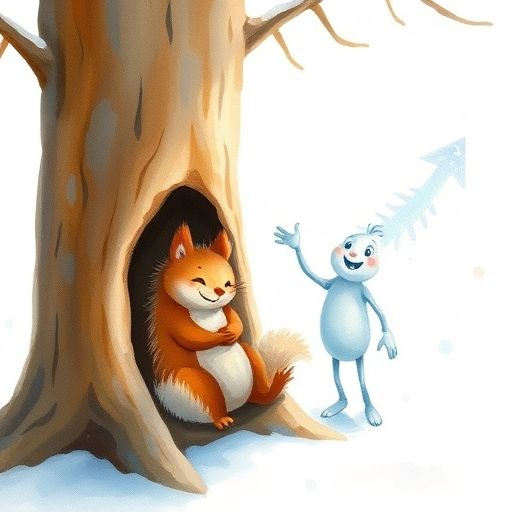 Blanquito, el copo de nieve, señala orgulloso una flecha escarchada hacia el árbol hueco de Chispita, la ardilla, que abraza el tronco feliz.