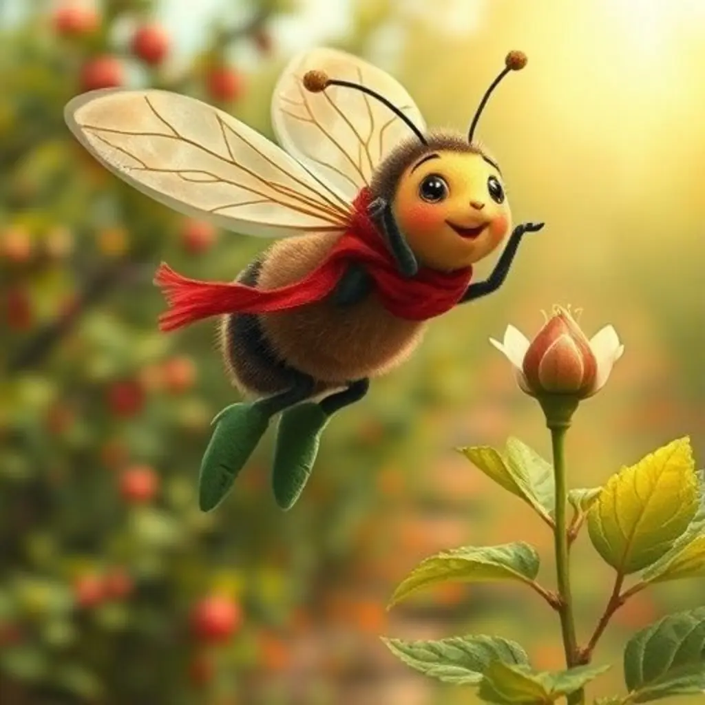 Zumbí, la abejita, vuela rápido cerca de un brote de manzana.
