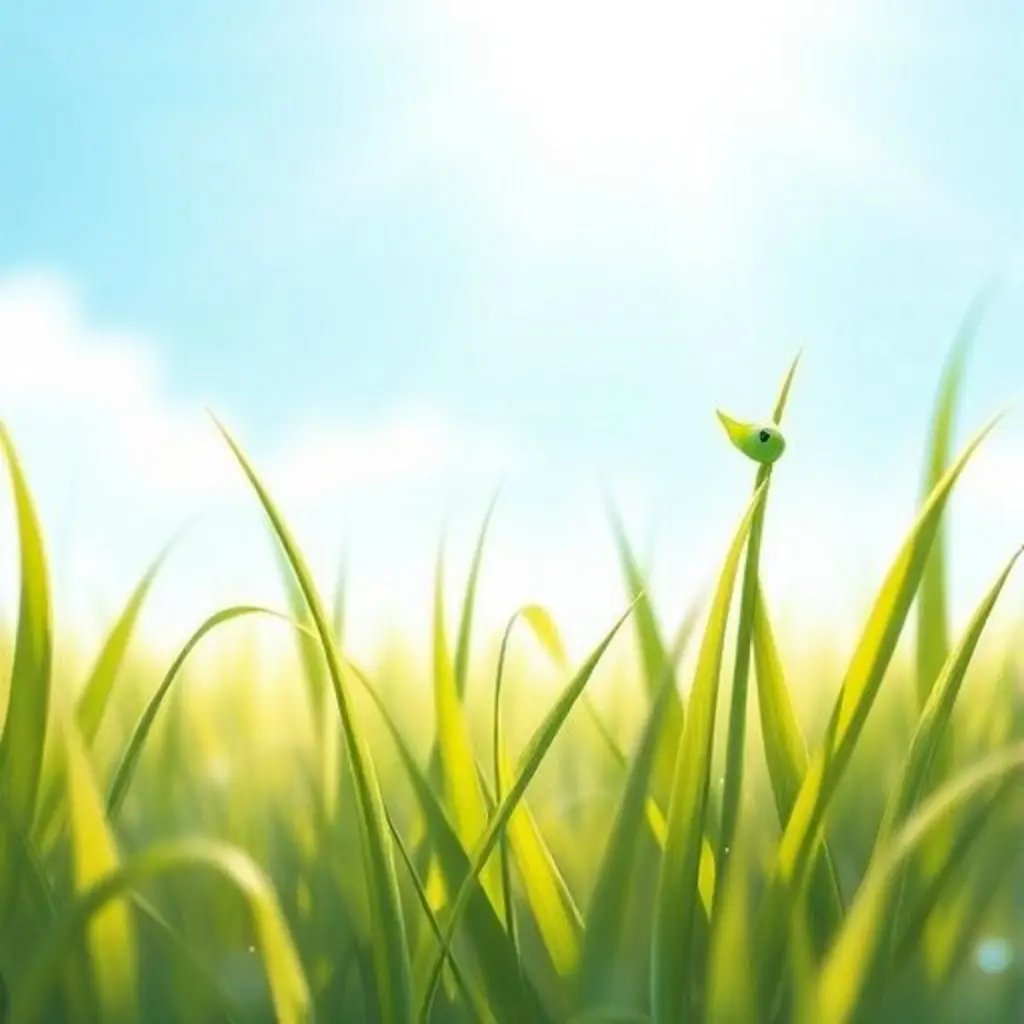 Hojita Curiosa, una brizna de hierba, se balancea en un prado bajo el sol.