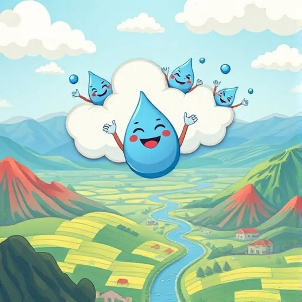 Gotita Gota feliz en una nube sobre un paisaje colorido.