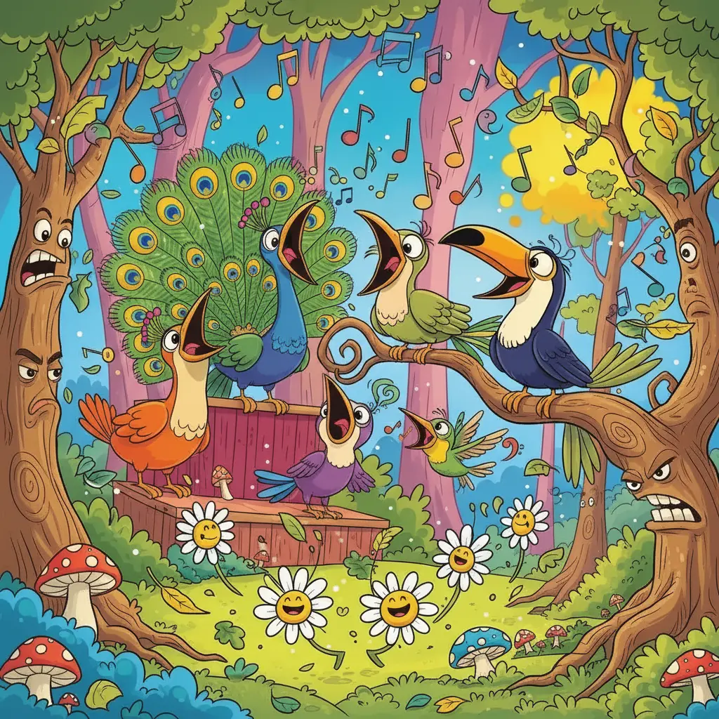 Dos pájaros muy dramáticos, con bocas enormes, se preparan para cantar en una rama del Bosque Chiflado, mirándose con mucha seriedad.